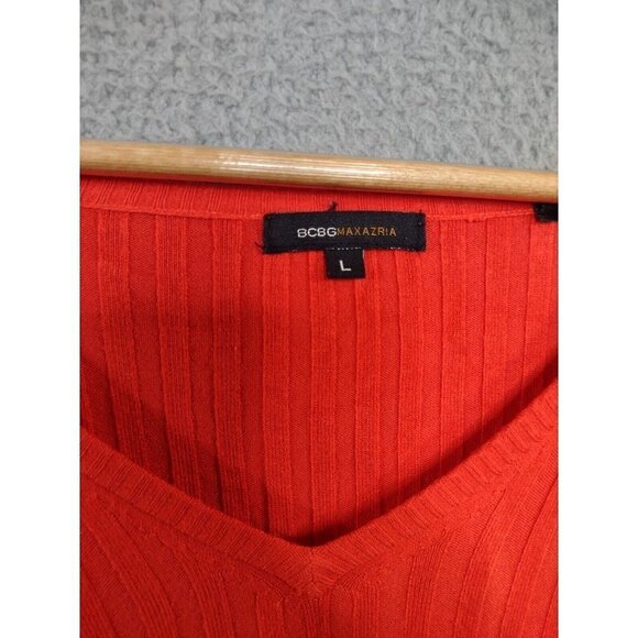 BCBGMaxazria Sweater Silk Blend Large Red Cropped Ribbed Long Sleeve - Picture 3 of 9